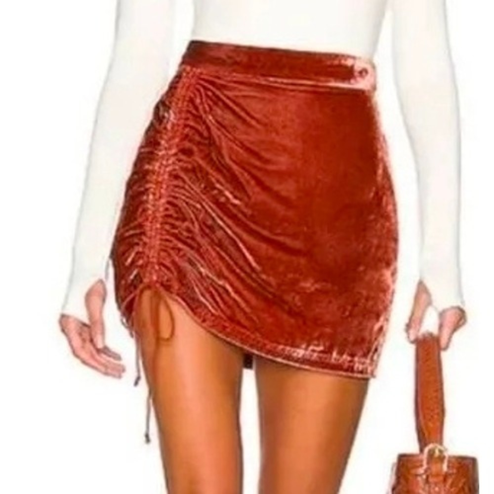 Free People Rust Orange Mini Skirt Size‎ 0 Velvet Ruched Drawstring Lined Velour